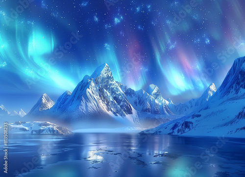 Aurora Borealis over snowy mountains with reflection on water at night during winter  beautiful northern lights  Generative AI