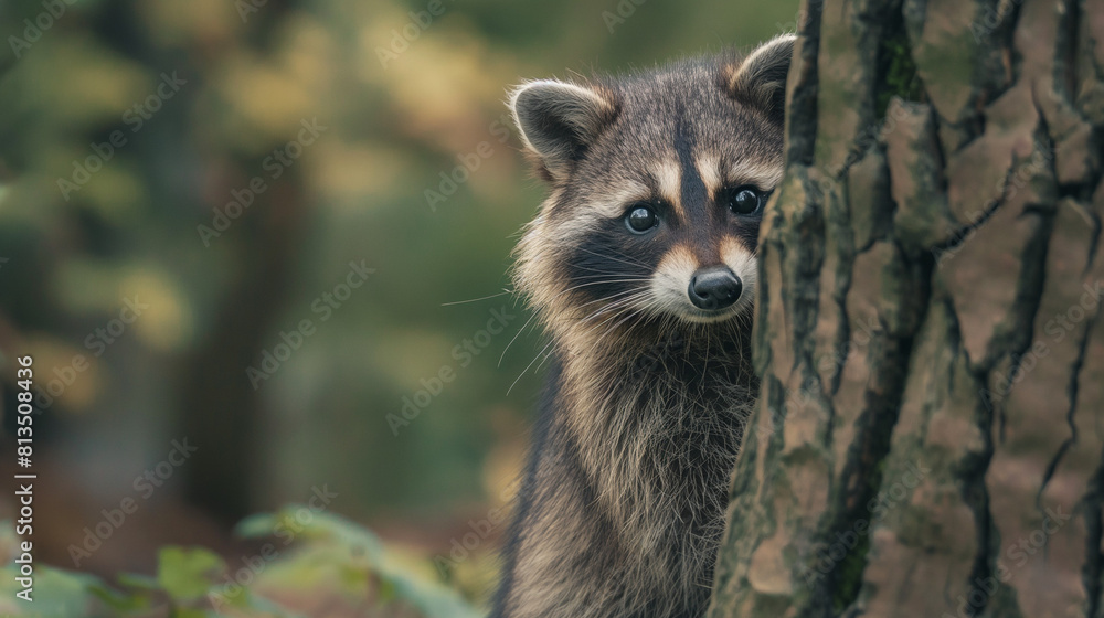 Naklejka premium Curious Raccoon Peeking from Behind a Tree in a Verdant Forest