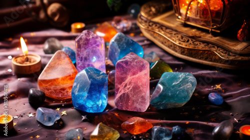 Mystical Gemstones with Tarot Cards and Candles