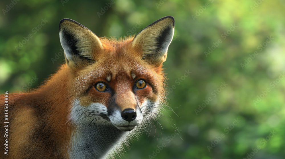 Intense Fox Staring Directly with Vivid Green Forest Background Intense Fox Staring Directly with Vivid Green Forest Background