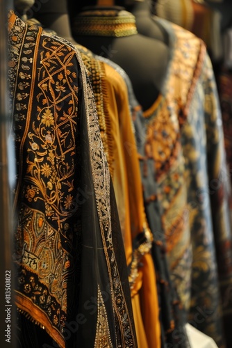 A Turkish kaftan displayed in a historic bazaar, with intricate Ottoman-inspired embroidery and luxurious silk fabric, Generative AI photo