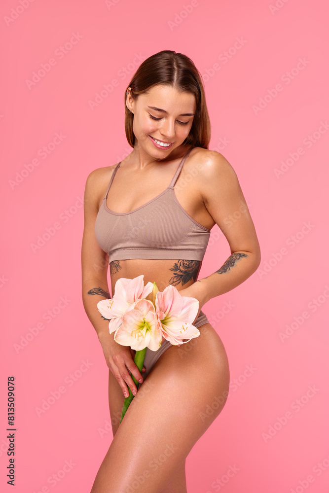 Cosmetology, beauty and spa treatment. Woman in lingerie on pink background. Cosmetology, beauty and spa treatment. Woman in lingerie on pink background.
