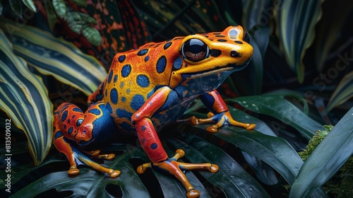 In the Amazon, a poison dart frog navigates a perilous world. Its vibrant hues serve as a warning to potential predators, signaling its toxicity and deterring threats. photo