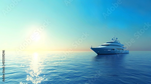 a luxury yacht in the distance in blue ocean with clear blue sky, fantasy art, sunrise in background © Pekr