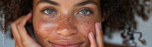 Close-up view of an African American woman with curly hair and freckles on her face