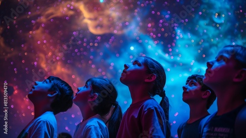 A planetarium dome showcasing a mesmerizing display of stars and galaxies, as a group of curious students gazes upward in wonderment, immersed in the mysteries of the universe and the wonders 