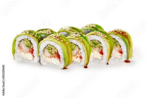Green dragon rolls with tempura perch on white background