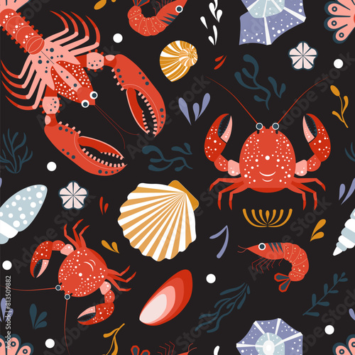 Lobsters and Crabs Summer Marine Pattern (ID: 813509882)