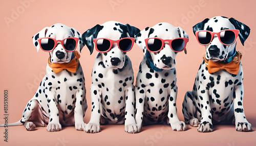Dalmatians with clourful collers and black glasses on pink background,trendy pets, fashion accessory, pets with style, fun pets, 
 photo