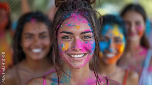 Group of Joyful Young Adults Celebrating Holi Festival with Vibrant Colors