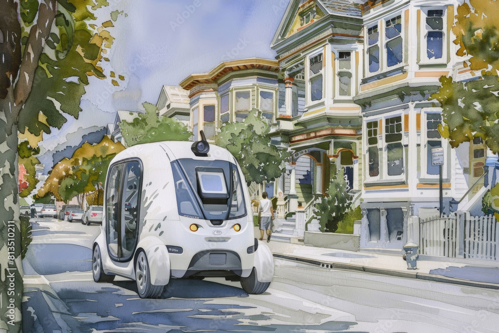 A detailed painting capturing a self-driving car navigating a busy city street, showcasing modern technology in an urban setting