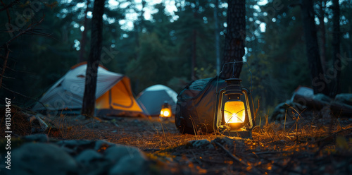 Two Camping Lantern at forest. tent. Generative AI.