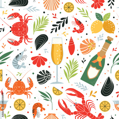 Seafood Pattern with Lobsters, Shrimps and Drinks (ID: 813510479)