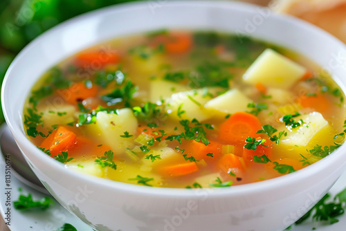 a plate of spring soup with, pieces of potatoes, carrots and herbs