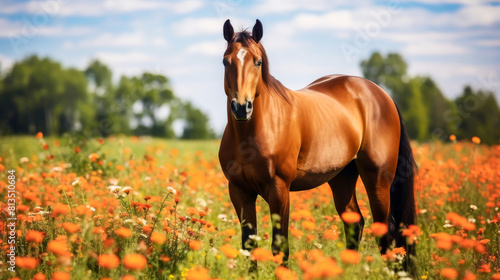 Cute  beautiful horse in a field with flowers in nature  in the sun s rays.
