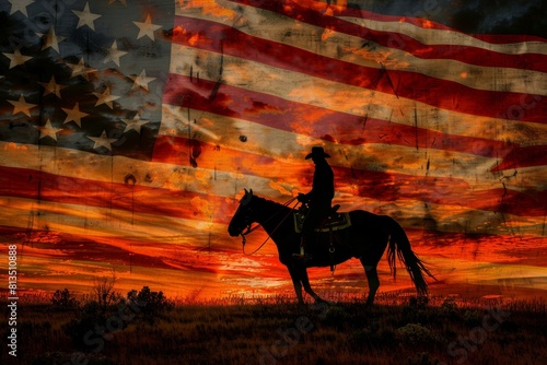 Silhouette of a lone cowboy on horseback against a vibrant American flag and sunset