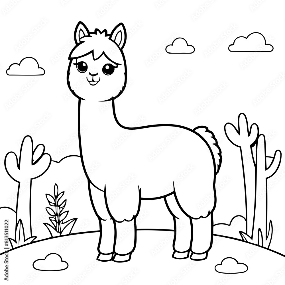 Cute vector illustration llama drawing for colouring page Cute vector illustration llama drawing for colouring page