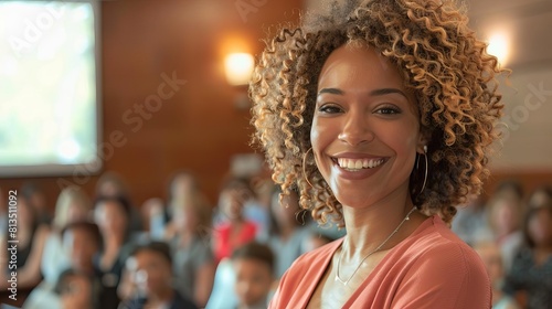A confident speaker with a warm smile  radiating positive energy and inspiring the audience