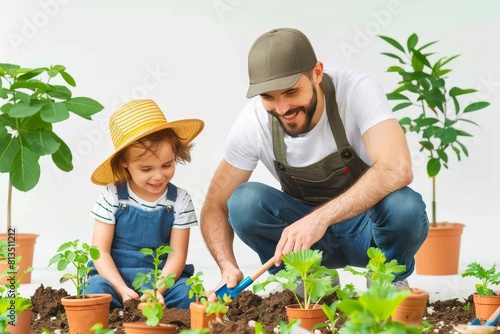 A man and child are actively planting new plants in a garden, working together in a productive and educational activity