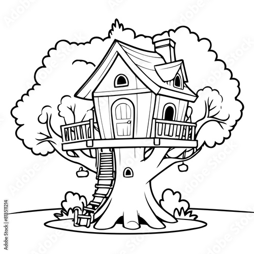 Cute vector illustration treehouse drawing for toddlers coloring activity