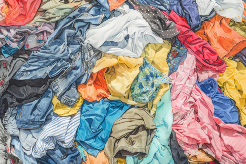 A stack of assorted clothes is piled up in a messy heap, creating a disorganized appearance photo