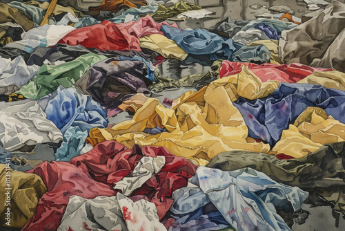 A painting depicting a messy and disorganized pile of various clothes scattered on the ground © sommersby
