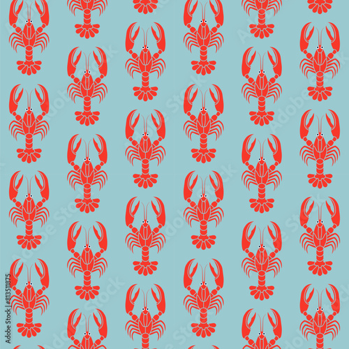 Red Lobsters on Blue Summer Marine Pattern (ID: 813511875)
