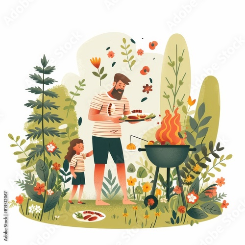A cartoon illustration featuring a man and his daughter grilling food outdoors in the garden