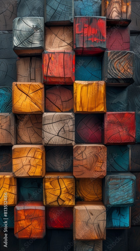 The wooden cubes have geometric patterns and are brightly colored. The wooden cubes have geometric patterns and are brightly colored.