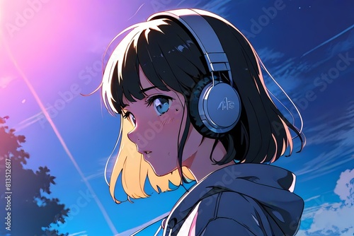 Cute anime girl wearing headphones, sky in background flowing short hairs bangs, flat vector art, Lo-fi girl woman
