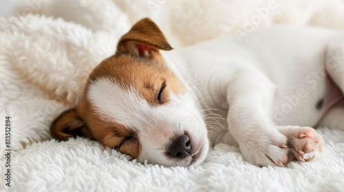 Cute dog sleeping on bed, closeup, Pet care concept.