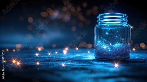 Glass jar with shimmering magic sand, cosmic blue background. Generative AI