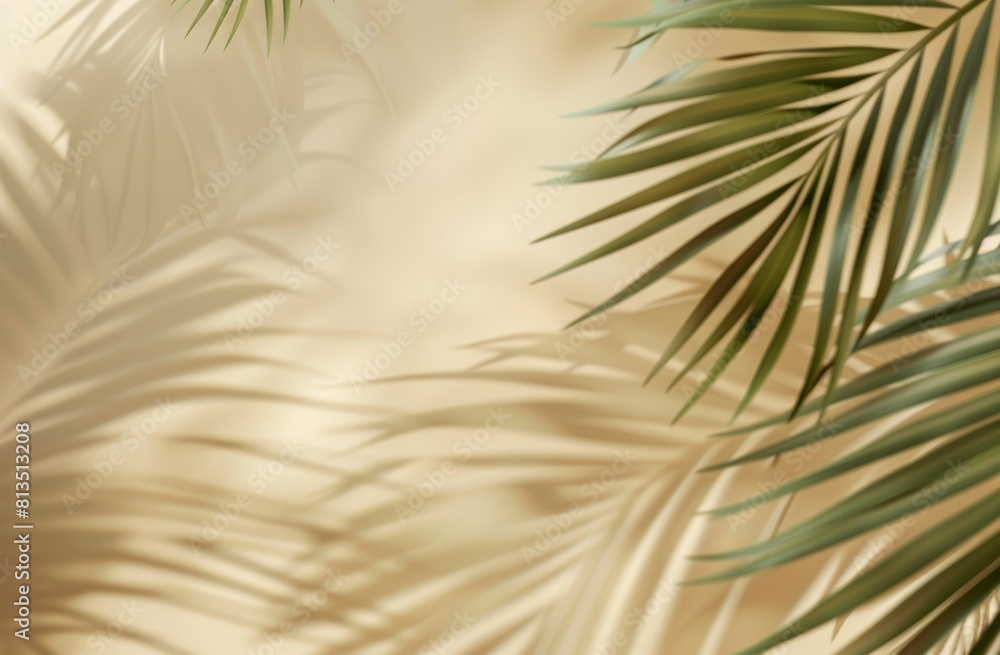 Obraz premium A light peach background with the shadow of palm leaves, creating an elegant and natural atmosphere forproduct presentation, as a mockup template. Abstract background with palm leaf shadows on a beige