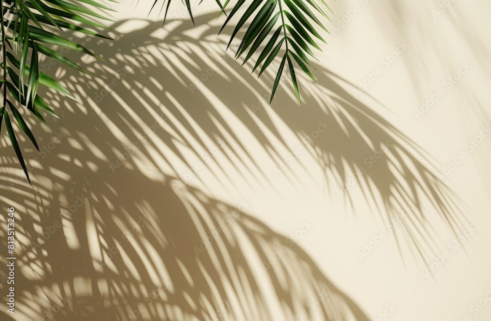 A light peach background with the shadow of palm leaves, creating an elegant and natural atmosphere forproduct presentation, as a mockup template. Abstract background with palm leaf shadows on a beige A light peach background with the shadow of palm leaves, creating an elegant and natural atmosphere forproduct presentation, as a mockup template. Abstract background with palm leaf shadows on a beige