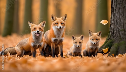 A family of foxes playing among the fallen leaves upscaled 2