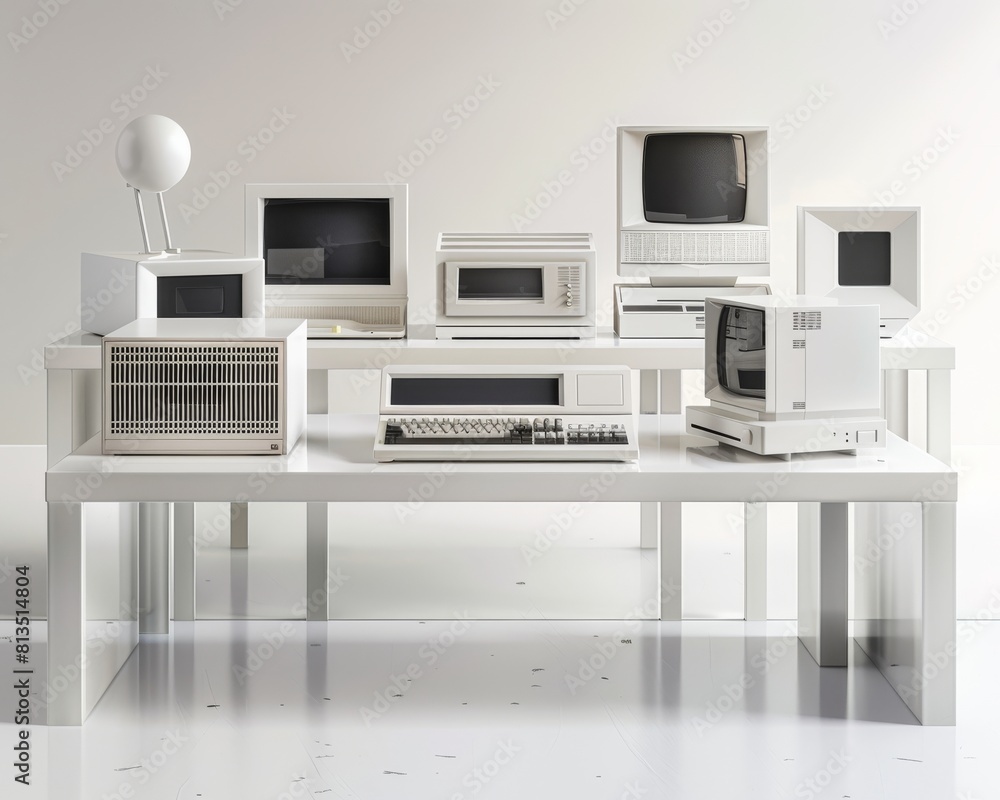 Minimalist white shelf with a collection of old computers clean lines and history Minimalist white shelf with a collection of old computers clean lines and history