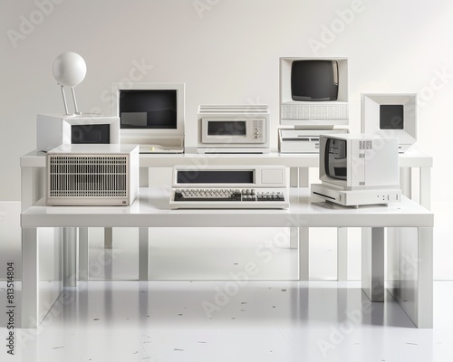 Minimalist white shelf with a collection of old computers clean lines and history