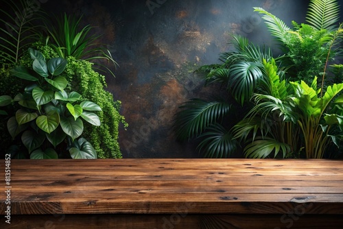 Wooden top with with Platform Adorned with Lush Plants on Dark Background
