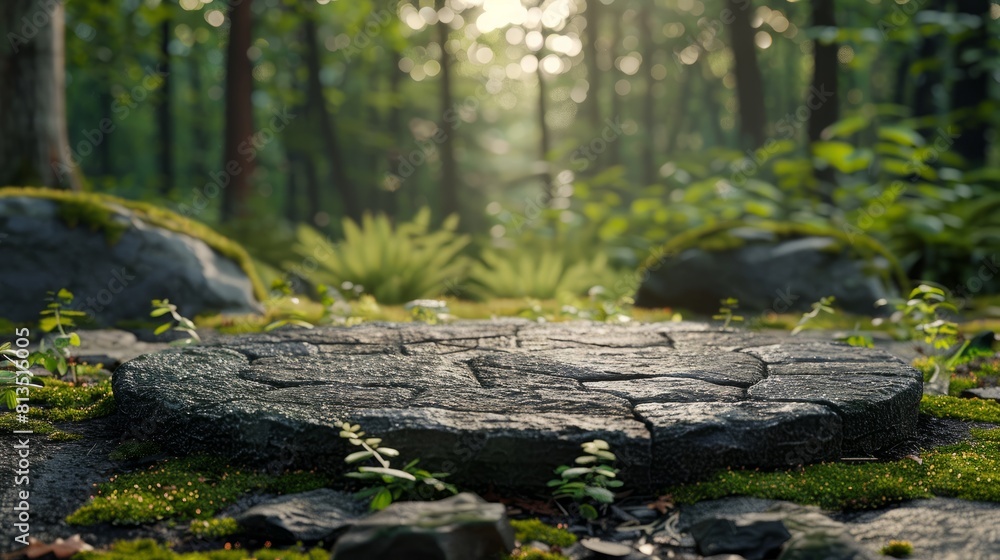 A stone path winds its way through a dense forest with tall trees and green foliage A stone path winds its way through a dense forest with tall trees and green foliage