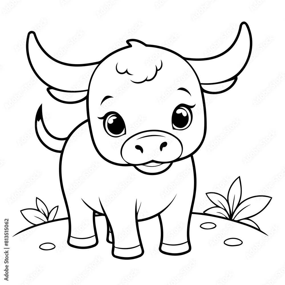 Fototapeta premium Cute vector illustration bull doodle for kids colouring page