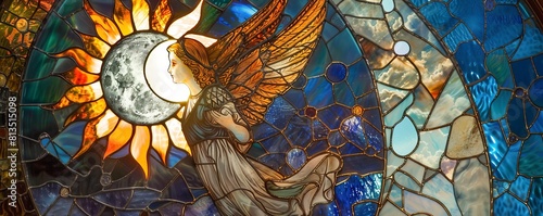 An angel carrying a scroll captured in a mosaic of colorful stained glass pieces telling a heavenly story