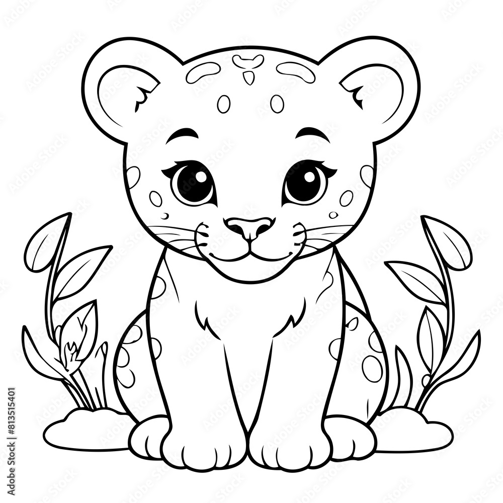 Obraz premium Vector illustration of a cute jaguar doodle drawing for kids page