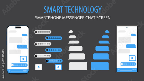 Smart Phone with Messenger Chat Screen. SMS Template Bubbles for compose dialogues.  Vector chatting screen in mobile communication illustration. Chat app template. Social network concept. Vector.
