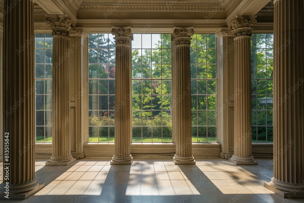 Fototapeta premium A room with columns and a large window 