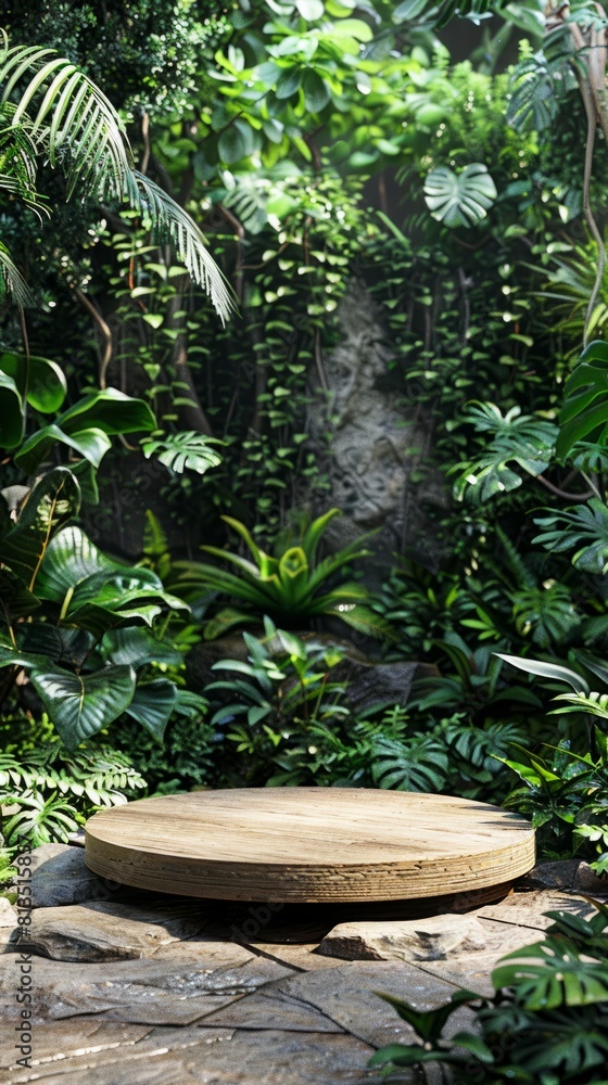 A wooden plate is placed on top of a rock in the middle of a forest, blending with the natural surroundings A wooden plate is placed on top of a rock in the middle of a forest, blending with the natural surroundings