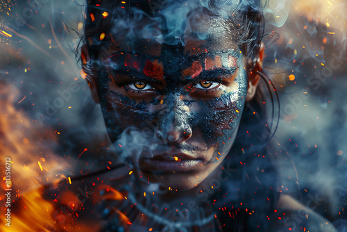 Closeup of a fierce female warrior midbattle, with intense eyes and tribal face paint, amidst a chaotic battlefield with smoke and fire