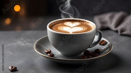 A warm  velvety gray background contrasts with a well prepared cup of coffee with a heart-shaped motif in the foam  all presented on a saucer.