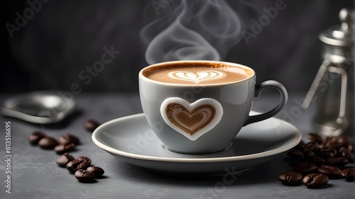 A warm  velvety gray background contrasts with a well prepared cup of coffee with a heart-shaped motif in the foam  all presented on a saucer.