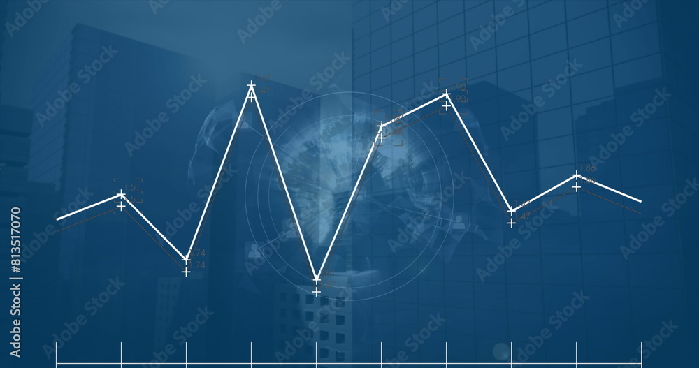 Fototapeta premium Image of data processing and profile icons over spinning globe against tall buildings