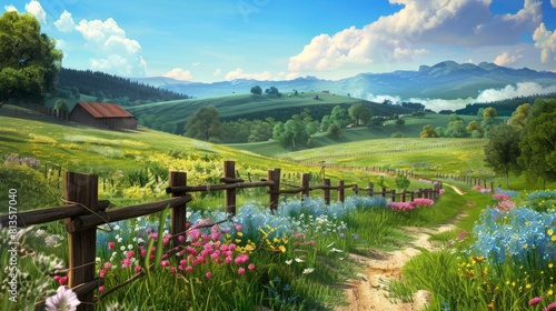 A beautiful, pastoral scene with a wooden fence and a red barn